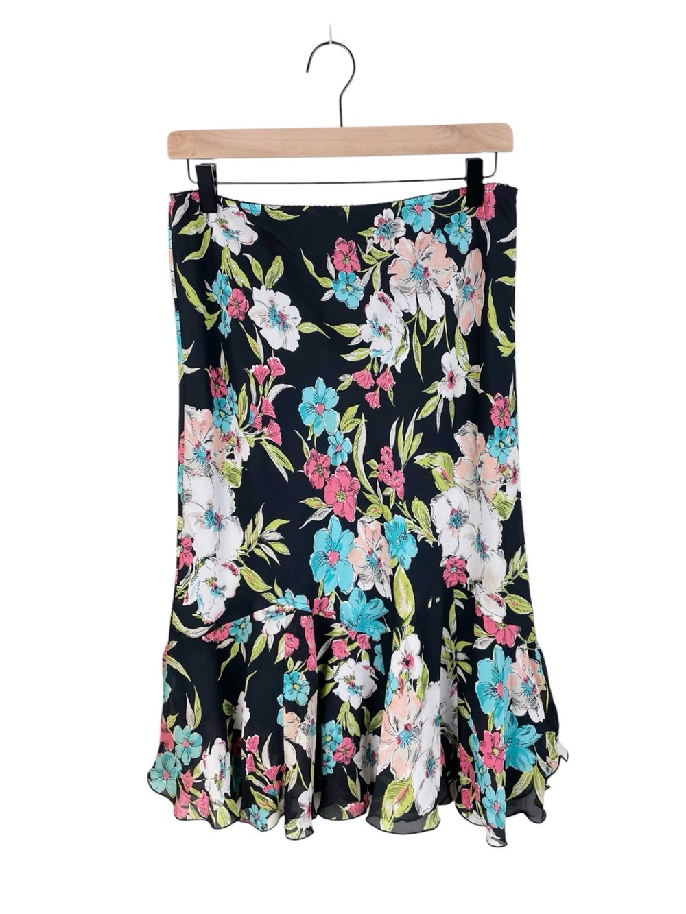 Vintage 90s Y2K Harris Wallace Black Floral Ruffle Slip Skirt Medium Fairycore
